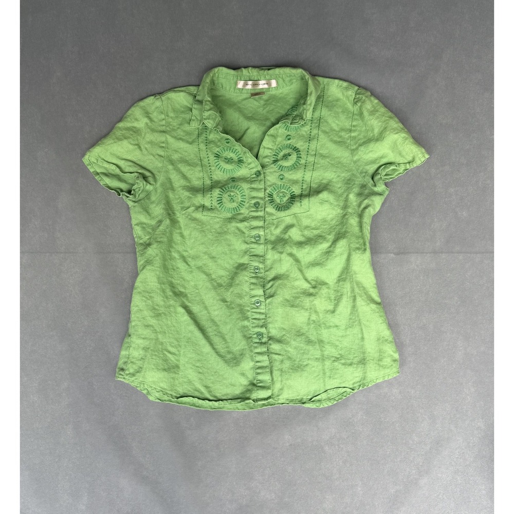 Ecologie Womens Small Lime Green 100% Linen Embroidered Short Sleeve Button Up